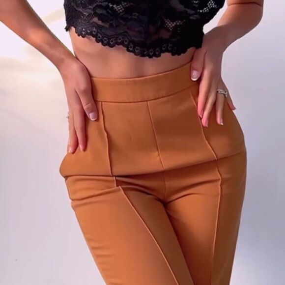 ZARA DARK CAMEL PANTS WIDE LEG NEW XS - Picture 7 of 12